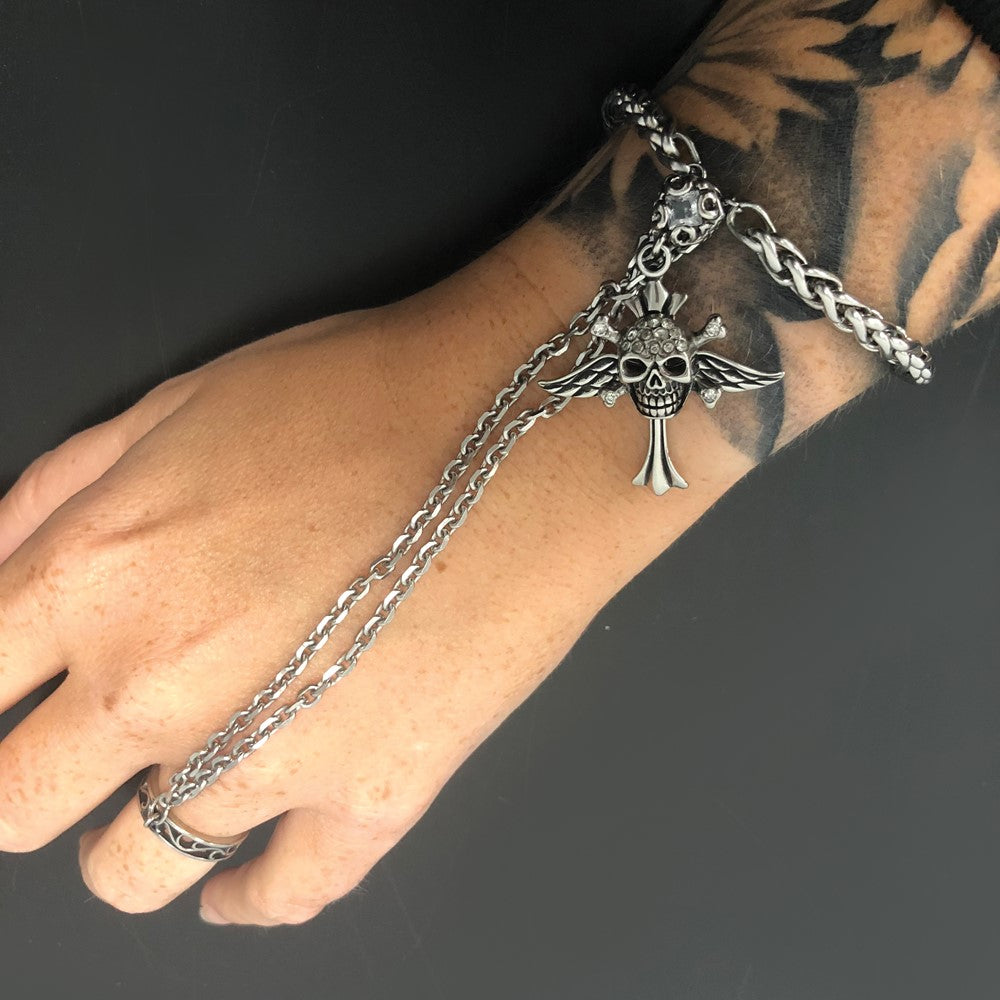 Stainless Steel Antiqued & Polished Winged Skull Cross Crystal Connect Bracelet & Ring