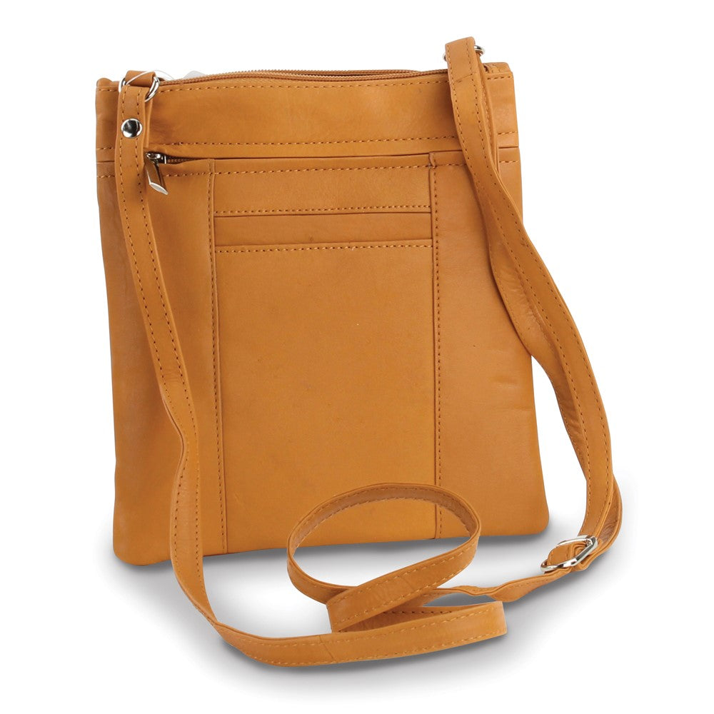 Tan Leather Triple-Zip Multi-Pocket Crossbody Bag with Adjustable Shoulder Strap