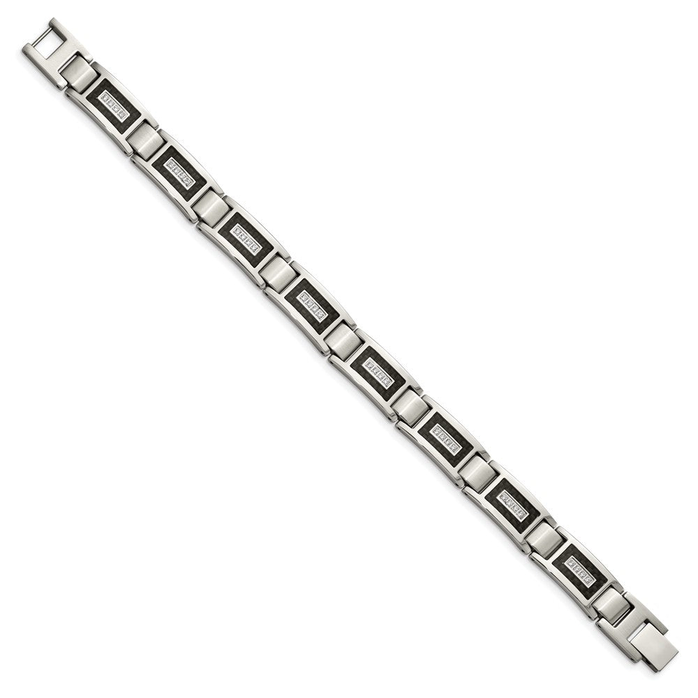Stainless Steel Brushed & Polished w/CZ Black Carbon Fiber Inlay Bracelet 8.75 inches