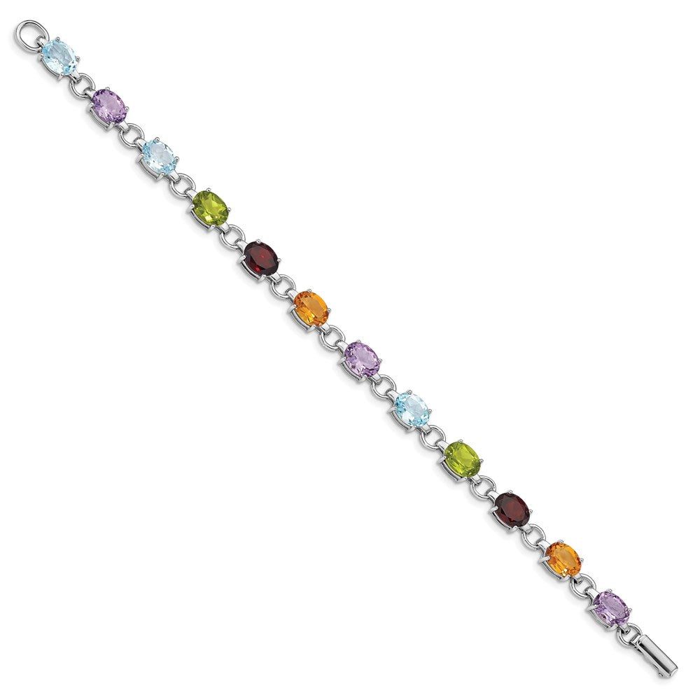 Sterling Silver Rhodium-plated Oval Multi-gemstone Bracelet 7.25 inches
