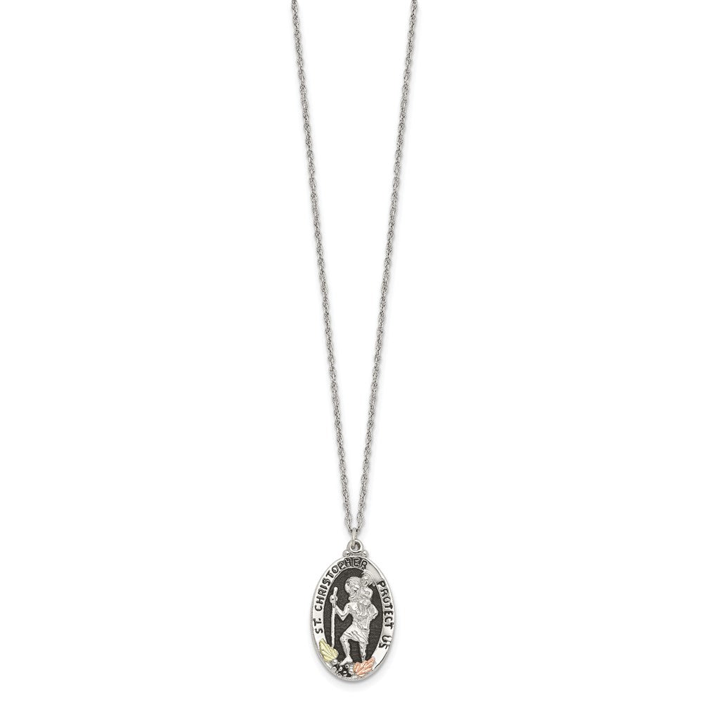Landstrom's Mt. Rushmore Black Hills Sterling Silver 12K Gold Accents Antiqued St. Christopher Protect Us 18 inch Spring Ring Clasp Necklace 18 Inches
