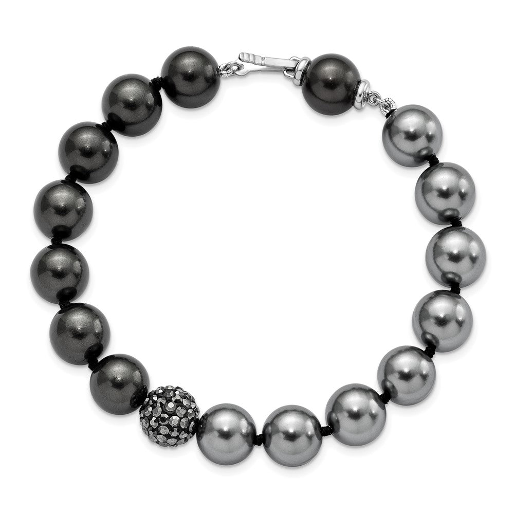 Majestic Sterling Silver Rhodium-plated 10-11mm Dk Grey/Black Imitation Shell Pearl Crystal Hand-knotted Bracelet
