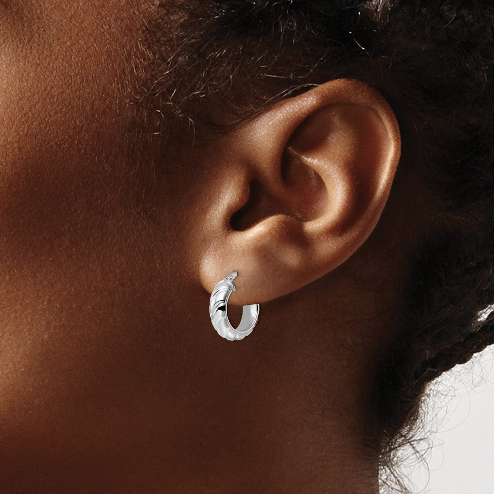 Sterling Silver Rhod-plated Polished Textured Hoop Earrings