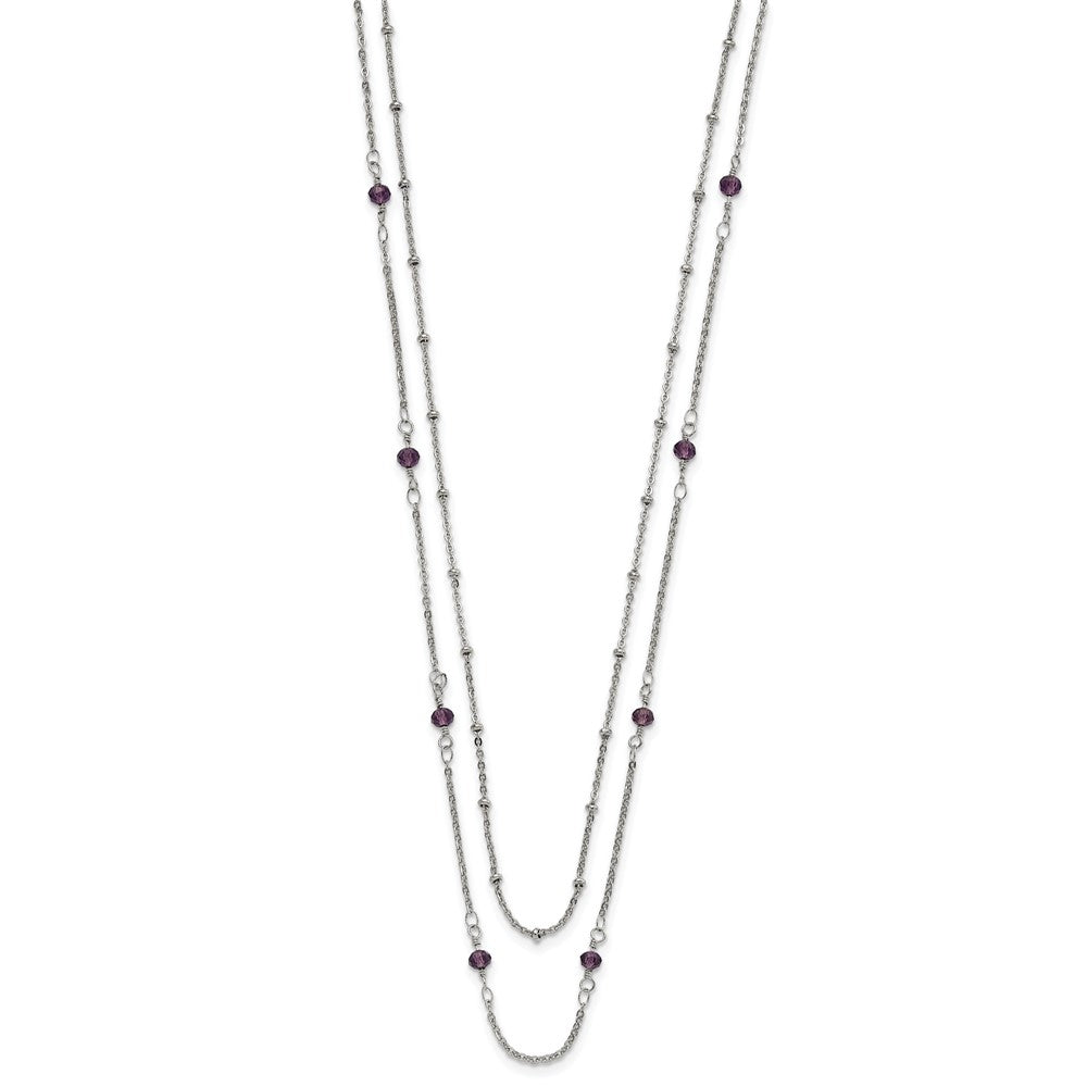 Stainless Steel Polished 2-Strand Purple Crystal Beaded w/1in ext. Necklace