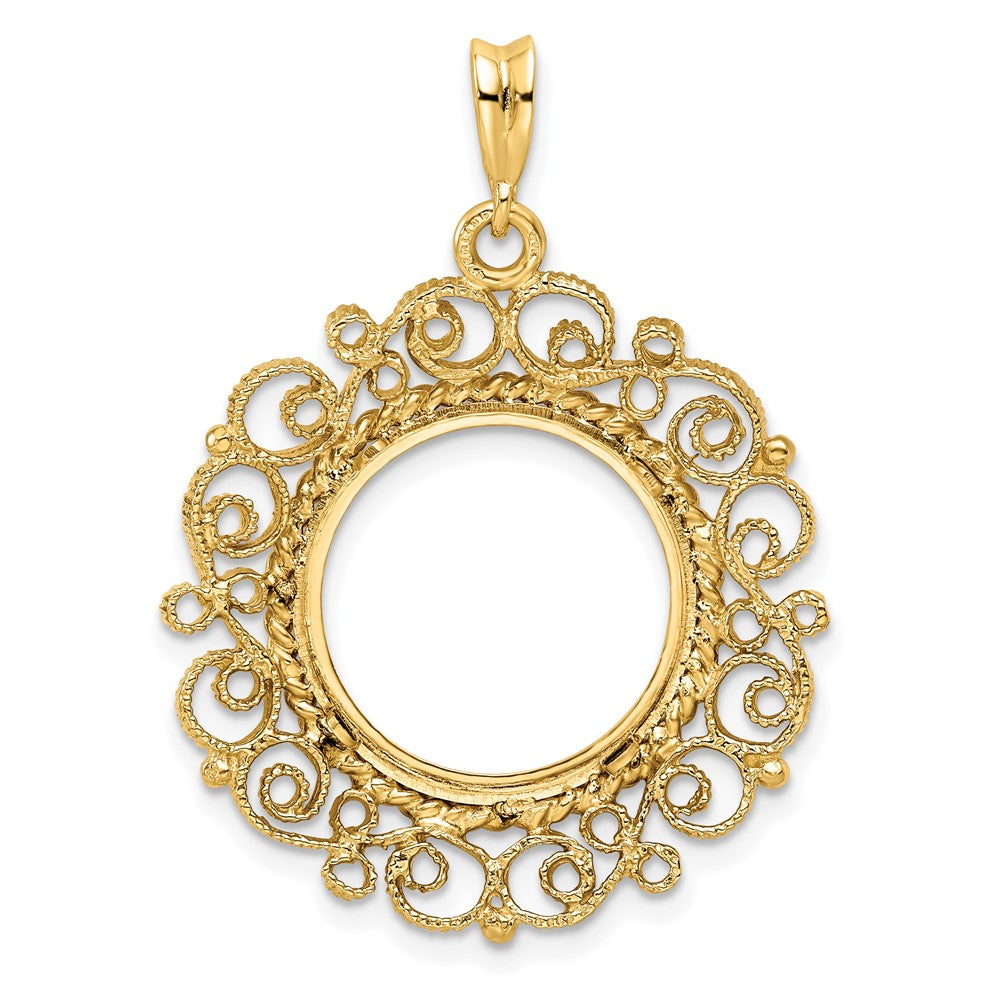 Wideband Distinguished Coin Jewelry 14k Polished and Textured Victorian 16.0mm Prong Coin Bezel Pendant