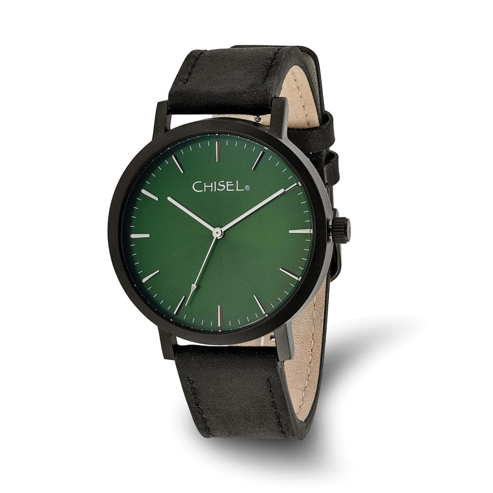 Chisel Matte Black IP-plated Green Dial Black Leather Band with Quick Release Watch 9 inches
