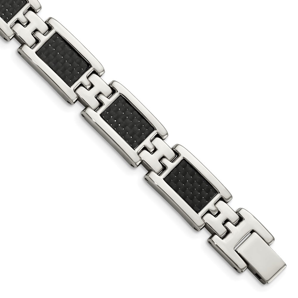 Stainless Steel Polished Black Carbon Fiber Inlay 9in Bracelet 9.25 inches