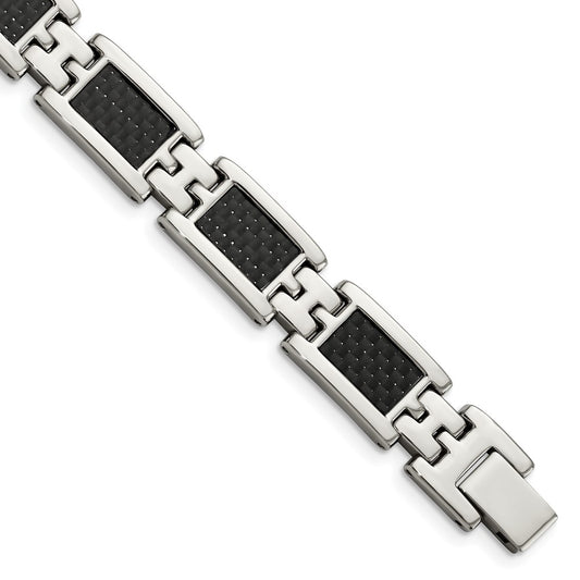 Stainless Steel Polished Black Carbon Fiber Inlay 9in Bracelet 9.25 inches