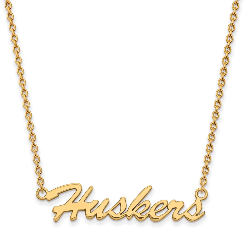 Sterling Silver Gold-plated LogoArt University of Nebraska Huskers Script Medium Pendant 18 inch Necklace QGP048UNE-18