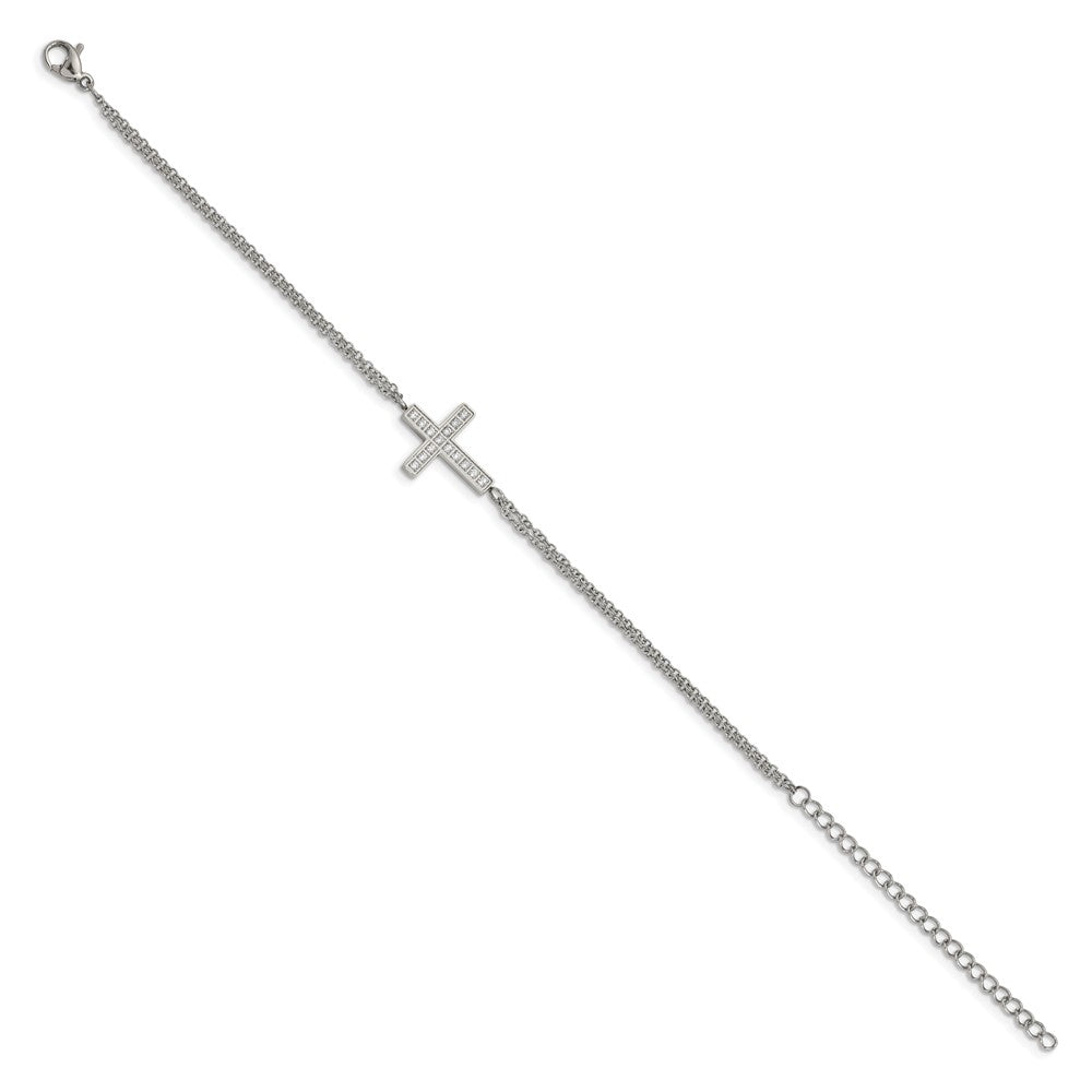 Stainless Steel Polished w/CZ Cross 6.25in w/2in ext. Bracelet 6.25 inches