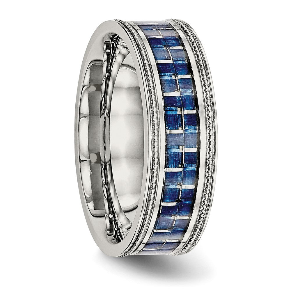Stainless Steel Polished Blue Carbon Fiber Inlay Textured Edge 8mm Band Size - 11