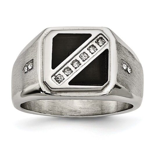 Stainless Steel Brushed and Polished w/Black Enamel CZ Ring Size - 12