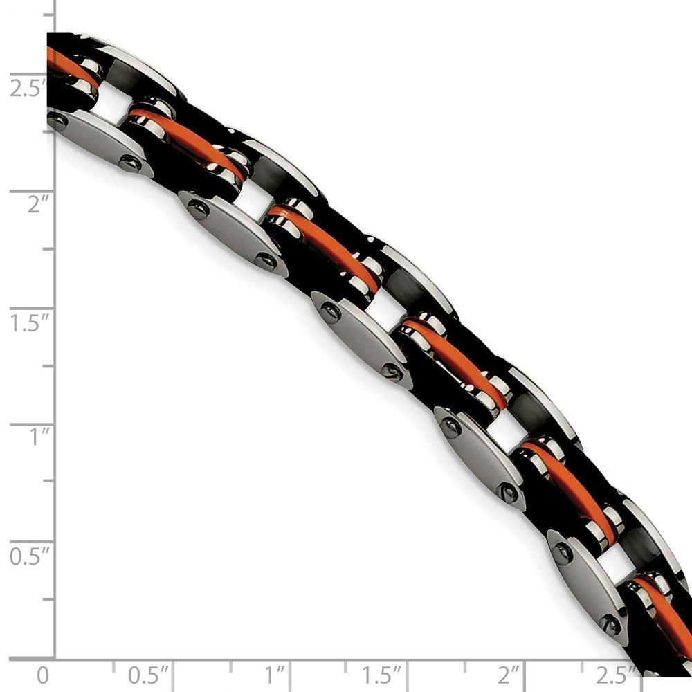 Stainless Steel 8.5in Polished with Rubber Black and Orange Bracelet 8.5 inches
