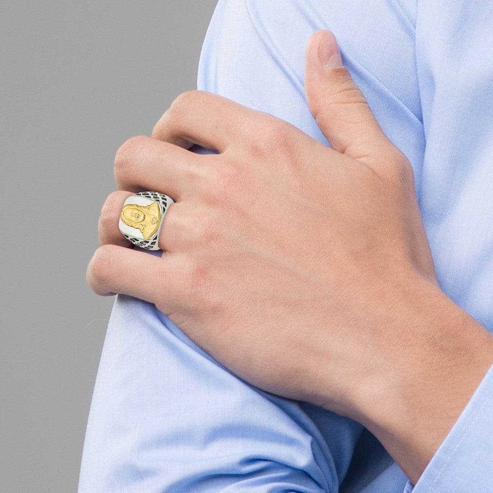 Stainless Steel with Sterling Silver Jesus Yellow IP-plated Polished Ring Size - 10