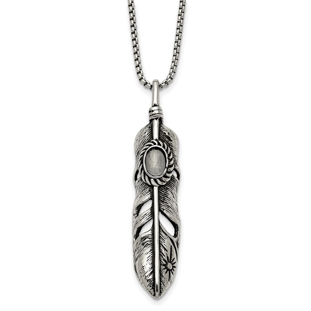 Stainless Steel Antiqued & Polished w/White Cat's Eye Feather 24in Necklace
