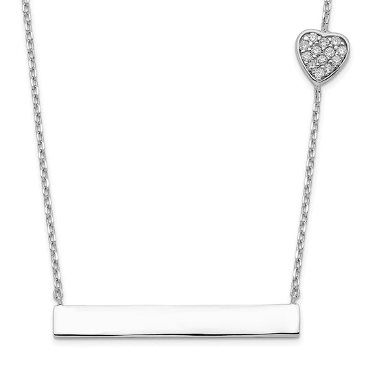 Sterling Silver Rhodium-plated CZ Heart w/2in ext. Bar Necklace 16 Inches