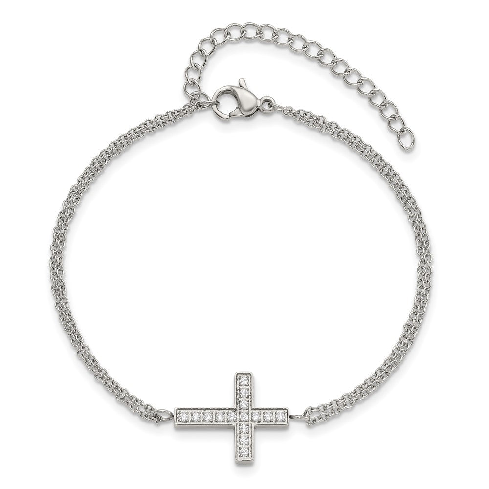 Stainless Steel Polished w/CZ Cross 6.25in w/2in ext. Bracelet 6.25 inches