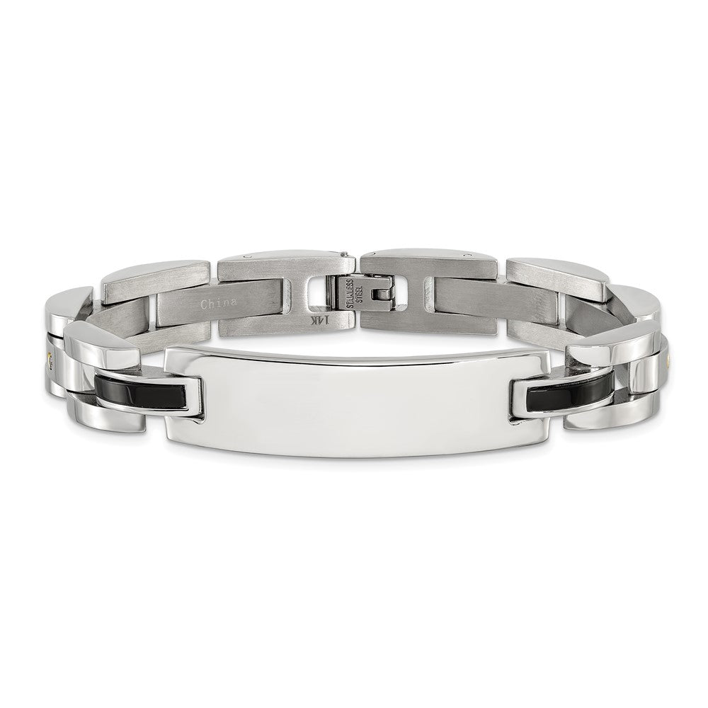Chisel Stainless Steel Polished with 14K Gold Accent and 1/15ct. Diamond and Onyx 8.75 inch ID Bracelet 8.75 inches
