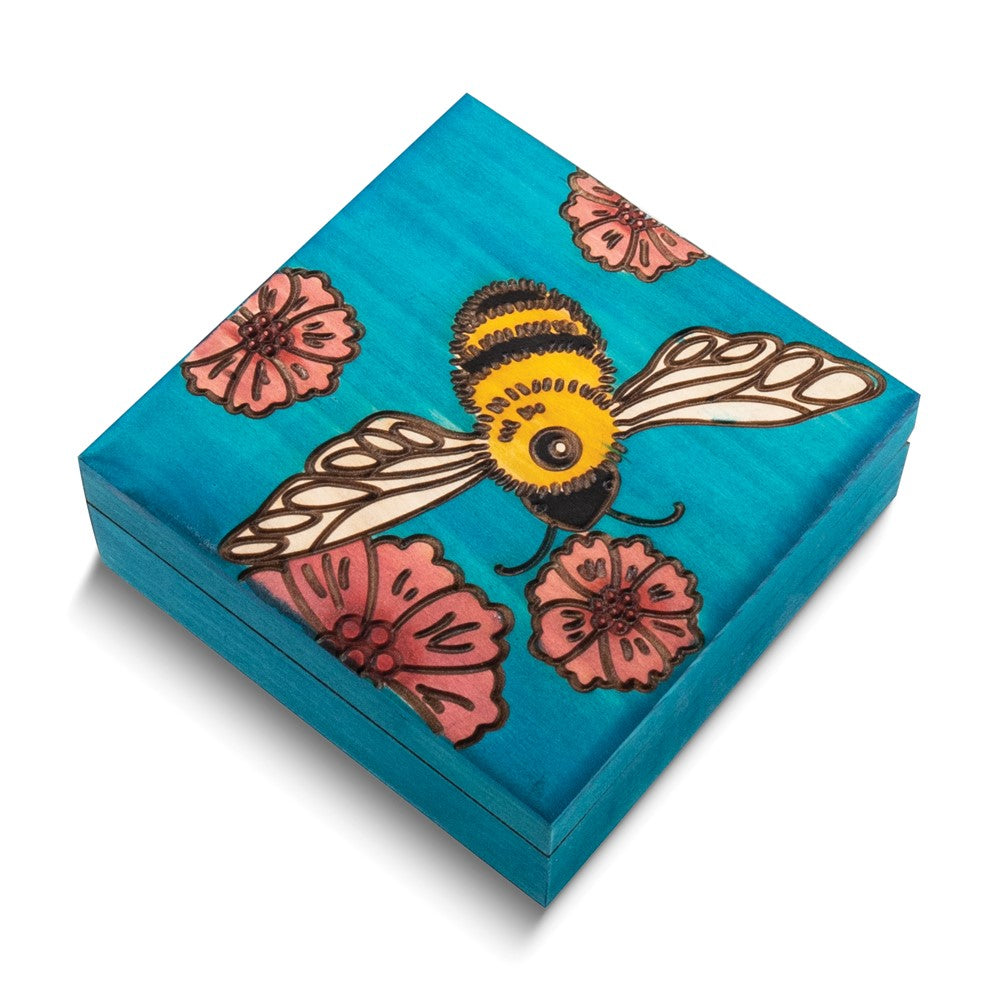 Handcrafted Solid Wood Blue Bee Carved and Painted Keepsake Box