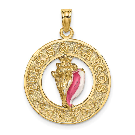 14K Enameled TURKS AND CAICOS w/Conch Shell Circle Charm