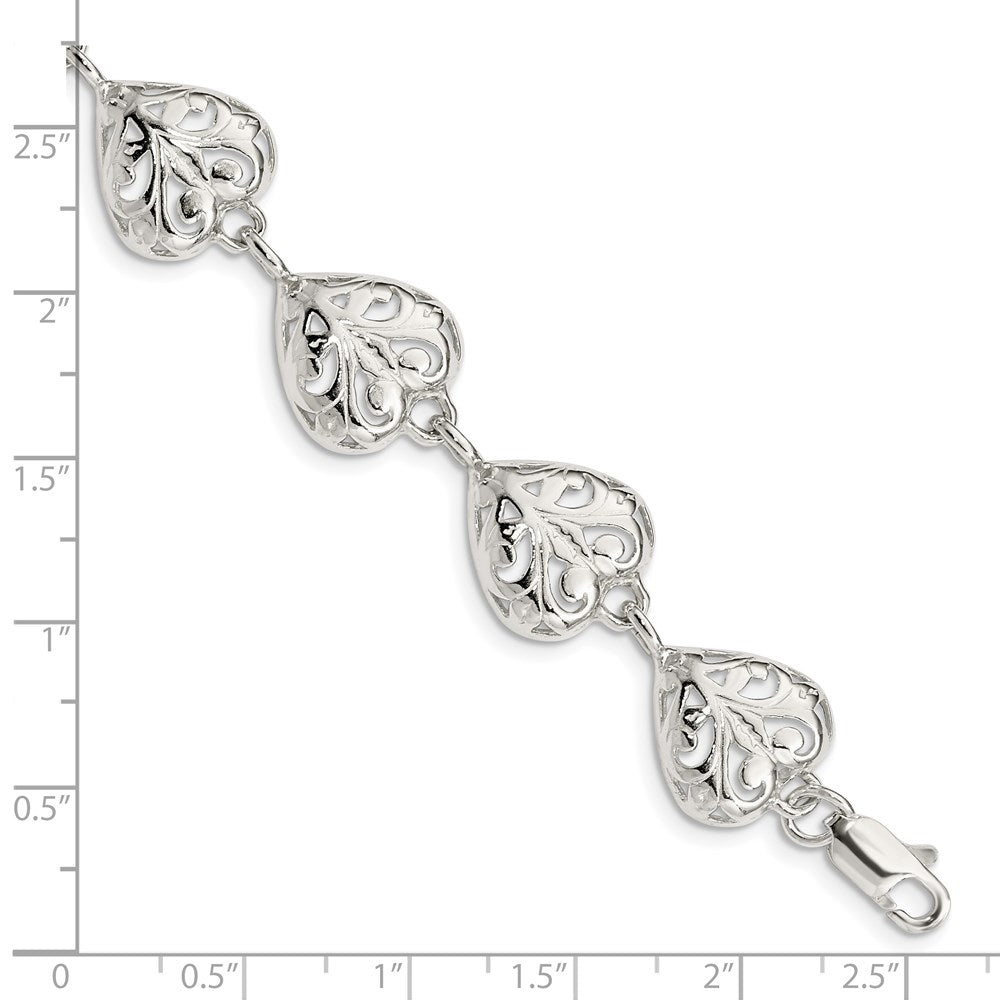 Sterling Silver Fancy Filigree Heart 7 inch Bracelet 7 inches