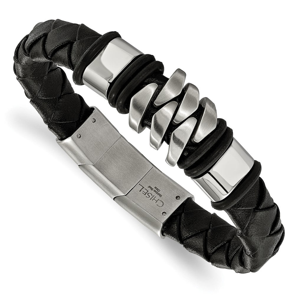 Stainless Steel Brushed and Polished Black Leather w/.5in ext. Bracelet 8 inches