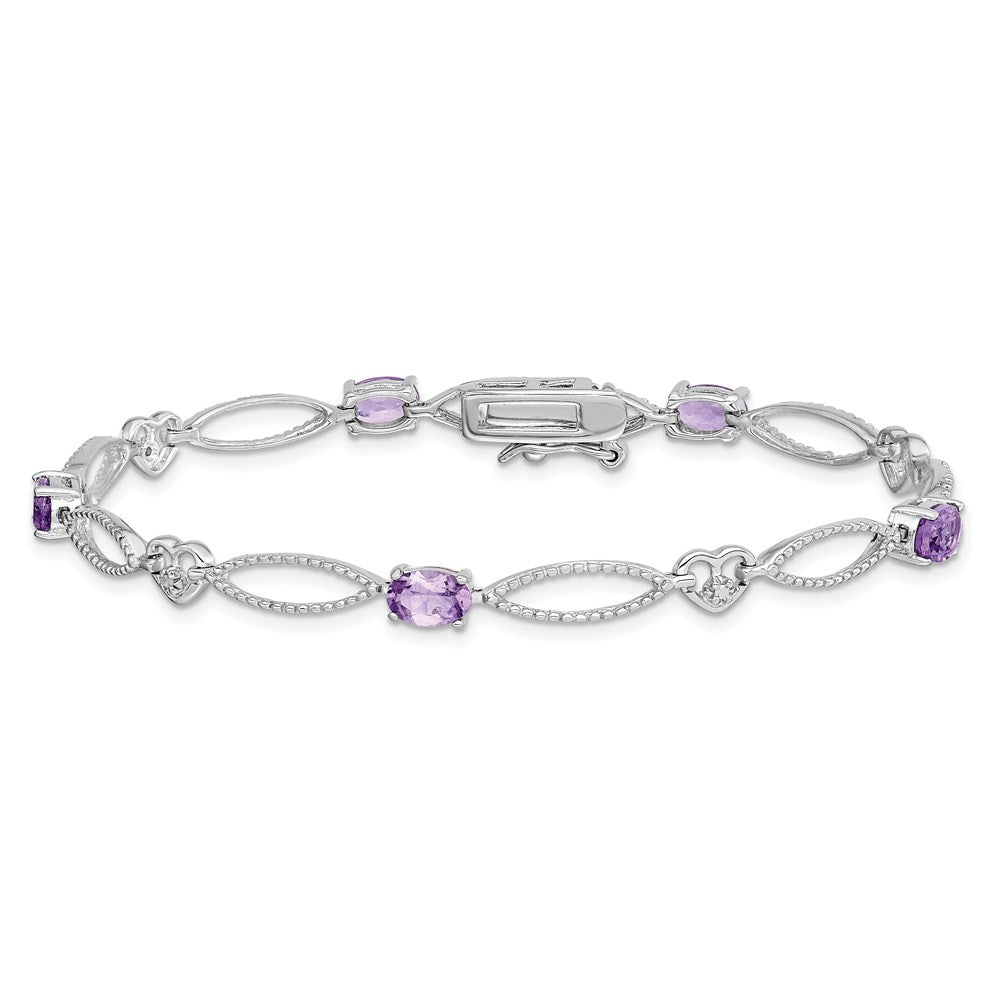 Sterling Silver Rhodium-plated Diamond & Amethyst Oval D/C Bracelet 7 inches