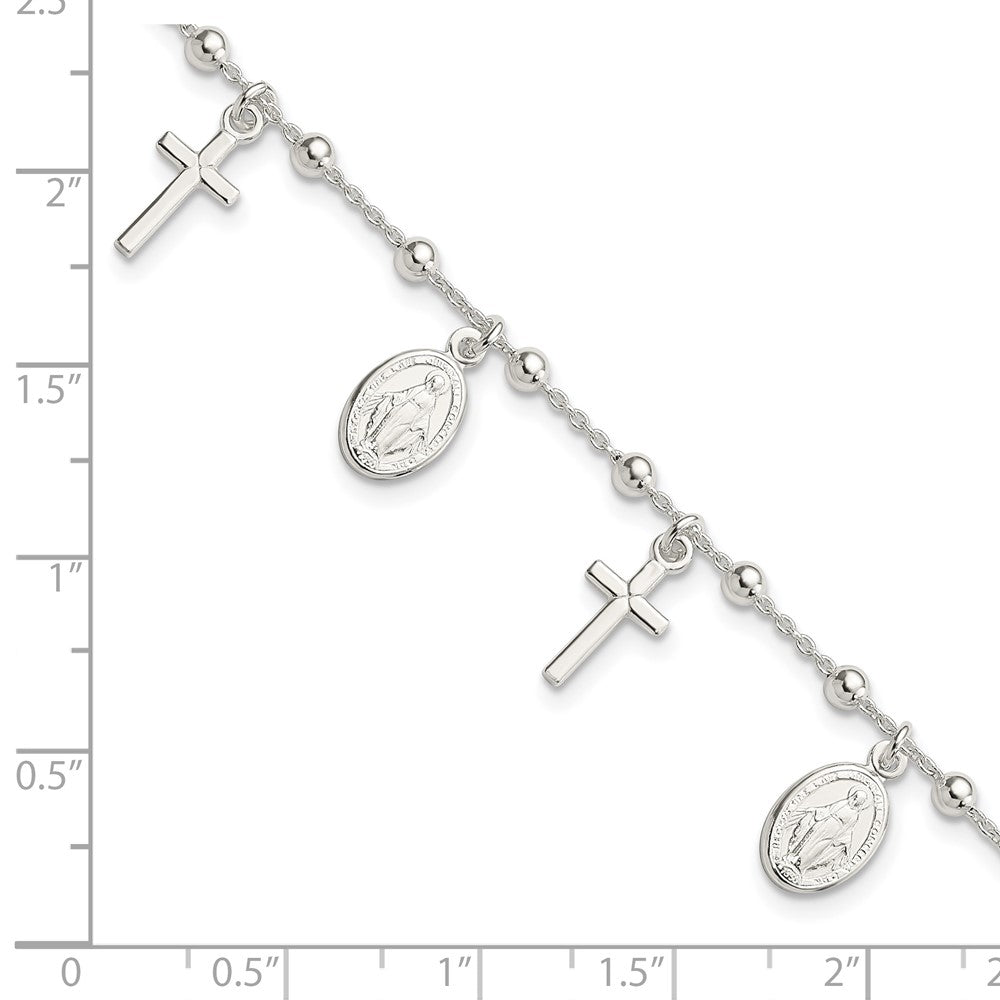 Sterling Silver Polished w/1in ext Cross Miraculous Medal Bracelet 6.25 inches