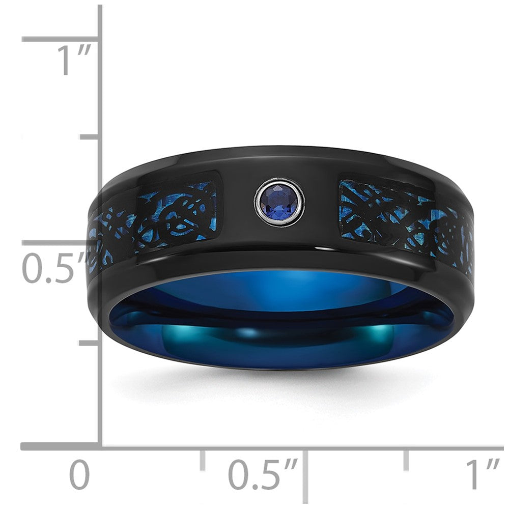 Chisel Titanium Polished Black and Blue IP-plated with Blue CZ Carbon Fiber Inlay in Clear Epoxy 8mm Band Size - 13.5