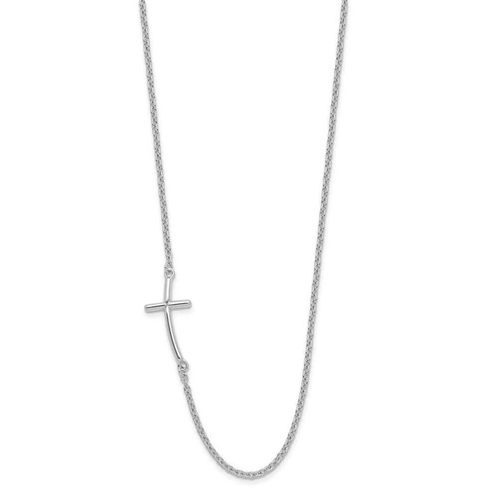 Sterling Silver Rh-plated Large Off-Set Sideways Curved Cross Necklace 19 Inches