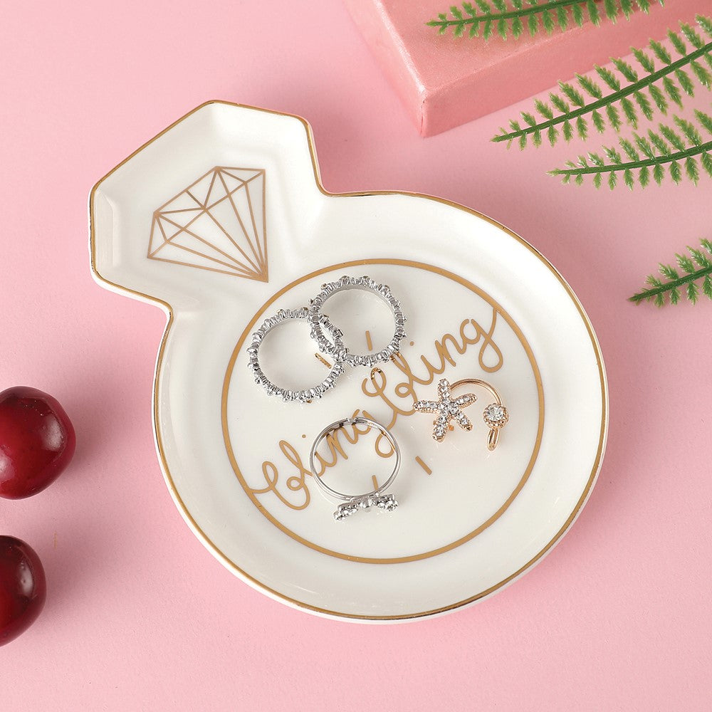 White and Gold-tone BLING BLING Ring Shaped Ceramic Trinket Dish