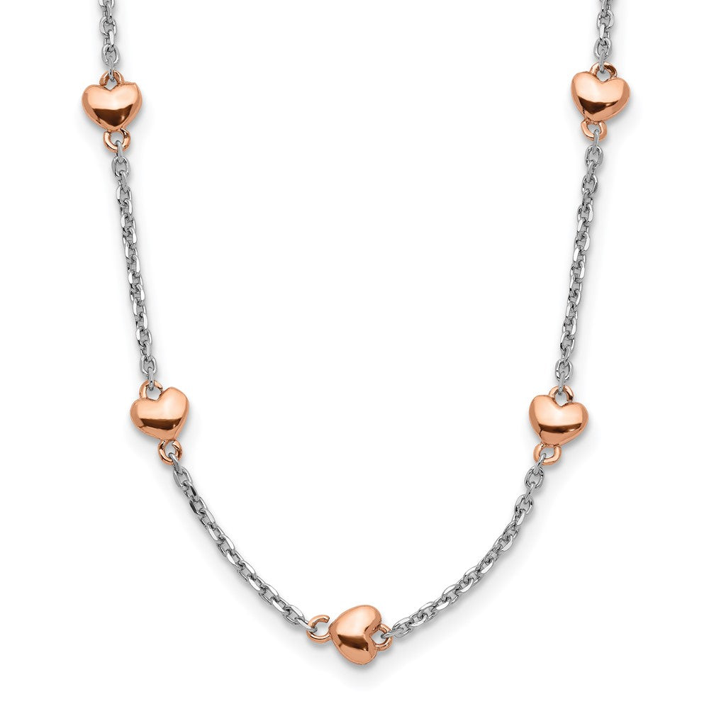 Sterling Silver RH-plated Rose gold-pltd 7-Heart 1.5in ext. Necklace 15 Inches