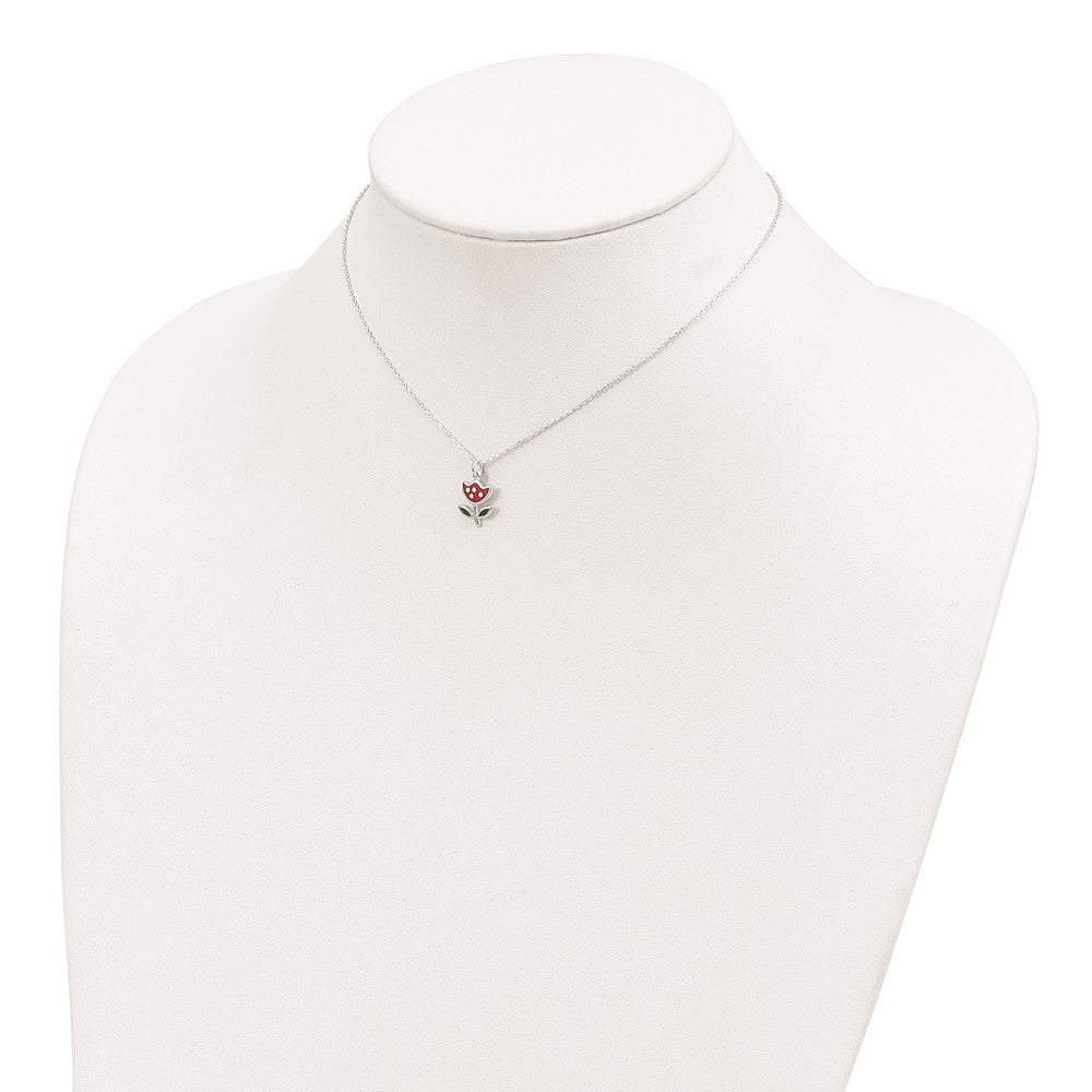 Sterling Silver Polished Red & Green Enameled Flower Children's Necklace 14 Inches