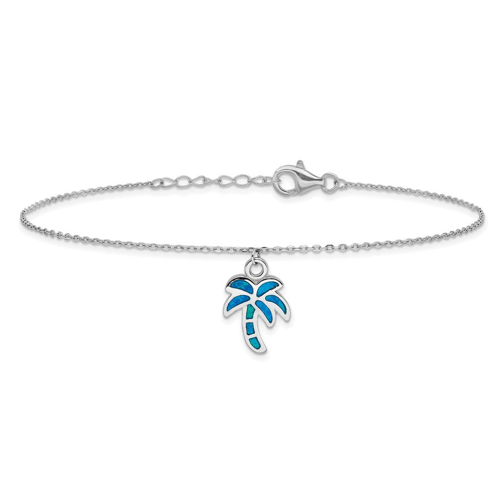 Sterling Silver Rhodium-plated Created Opal Palm Tree 9 inch with a 1 inch extention Anklet 9 inches