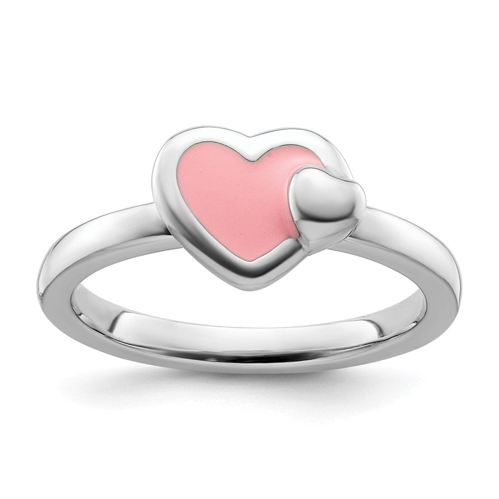 Sterling Silver Stackable Expressions Polished Pink Enameled Heart Ring Size -5
