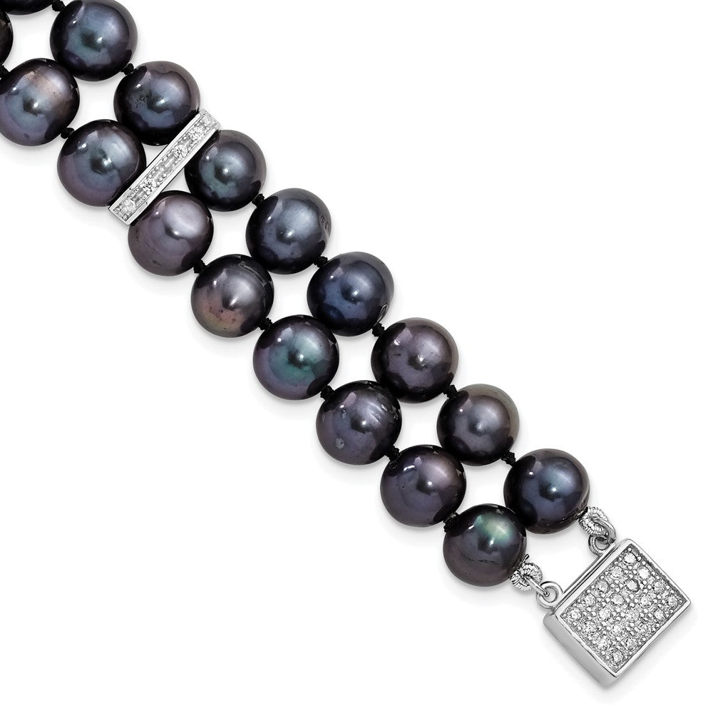 Sterling Silver Rhodium-plated 7-8mm Black Near-Round Freshwater Cultured Pearl and CZ 2-strand 7.5 inch Bracelet 7.5 inches