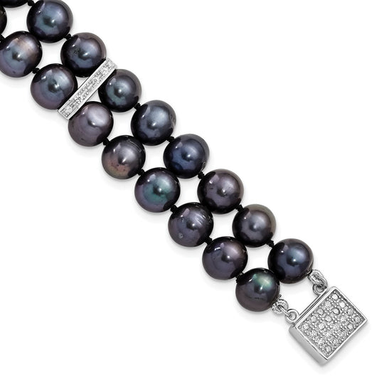 Sterling Silver Rhodium-plated 7-8mm Black Near-Round Freshwater Cultured Pearl and CZ 2-strand 7.5 inch Bracelet 7.5 inches