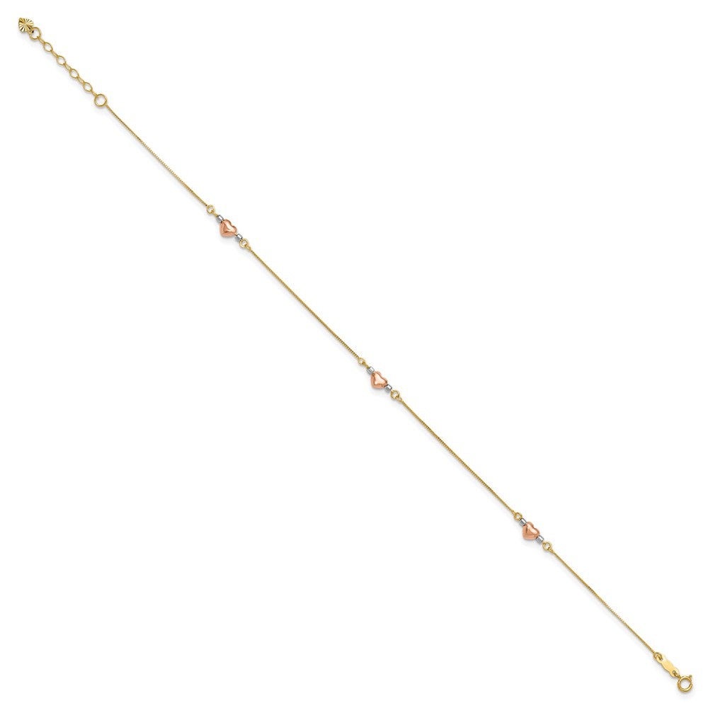 14k Tri-Color Puffed Heart 9in Plus 1in ext Anklet 9 inches