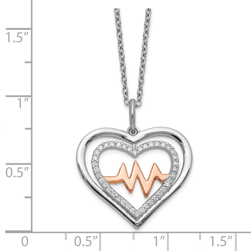 Sterling Silver RH-plated Rose-tone CZ Heartbeat w/2in ext Necklace 16 Inches