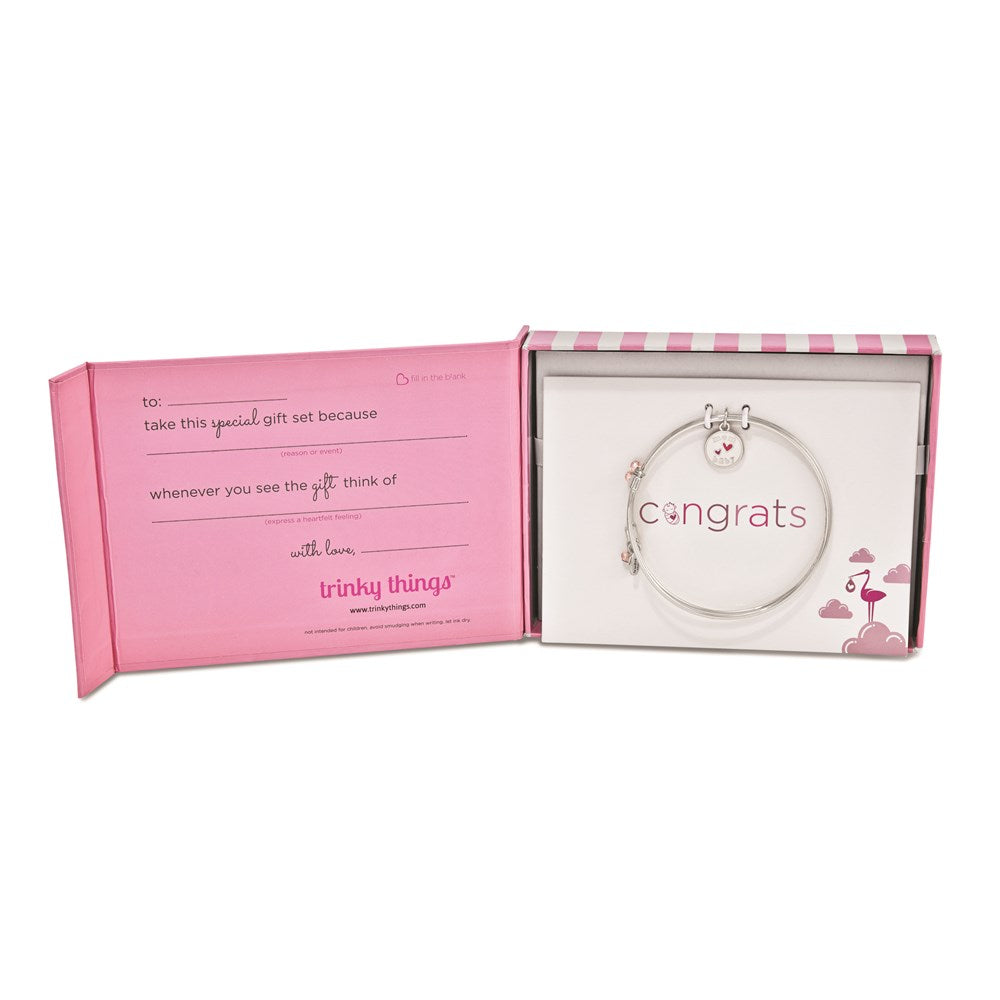 Silver-tone Trinky Things White/Pink Mom Hearts Bracelet/Card