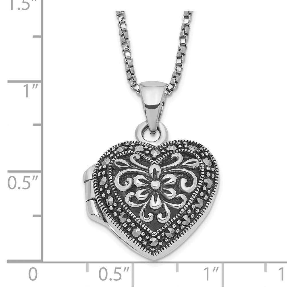 Sterling Silver Rhod-pltd Floral Marcasite Heart Locket 18in Necklace 18 Inches