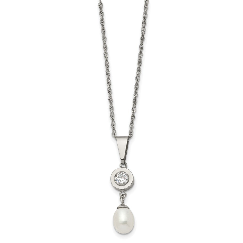 Titanium Polished w/CZ and Freshwater Cultured Pearl 22in Necklace