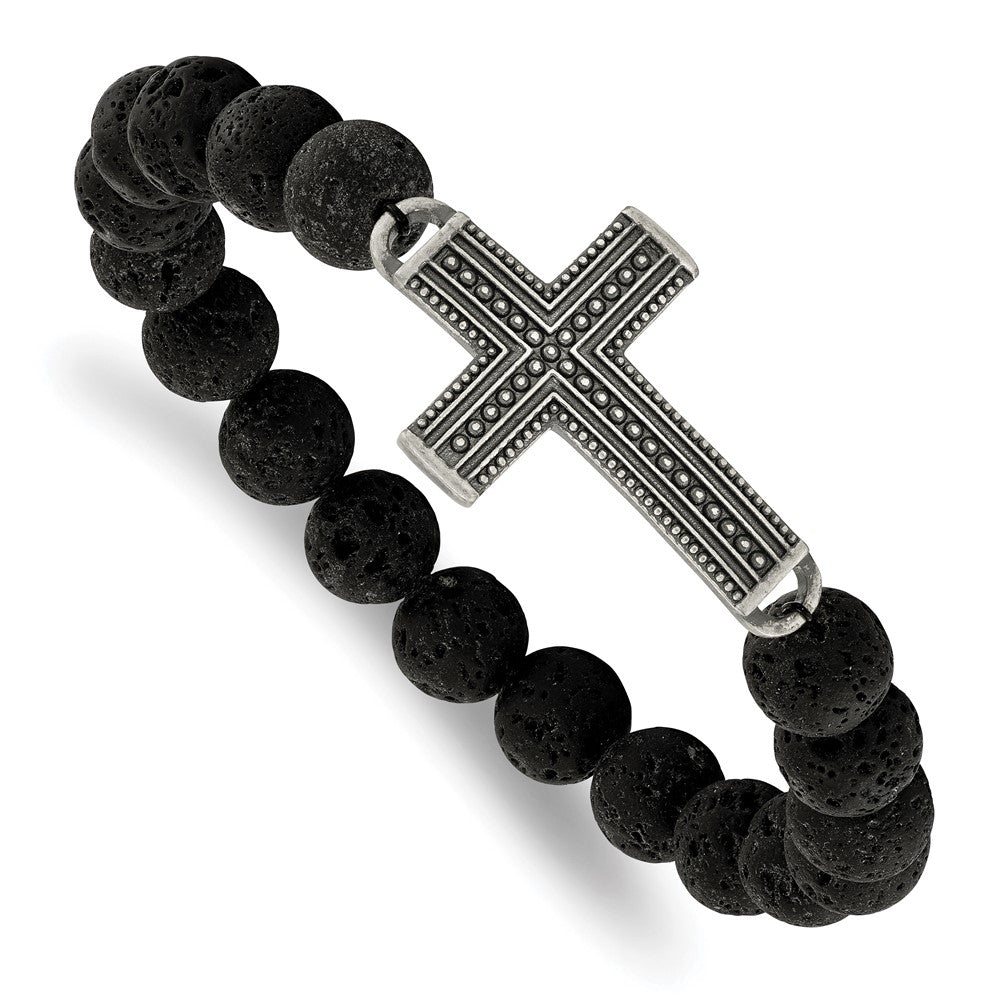 Stainless Steel Antiqued GunMetal IP w/Lava Stone Cross Stretch Bracelet 7.25 inches