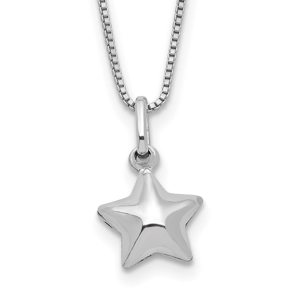 Sterling Silver Rhodium-plated Polished 3-D Puffed Star 14 inch Necklace with Pink Gift Pouch
