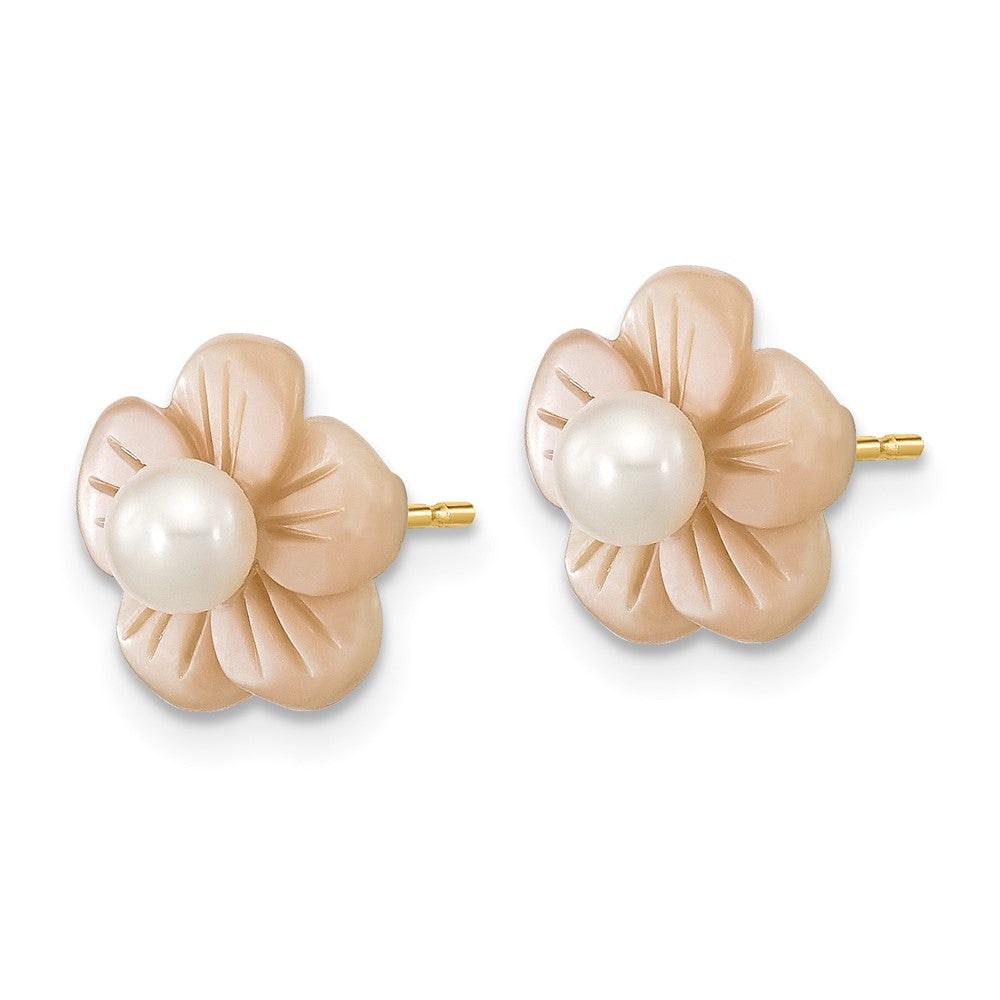 10K 3-4mm White Round Freshwater Cultured Pearl and Pink Mother of Pearl Flower Post Earrings