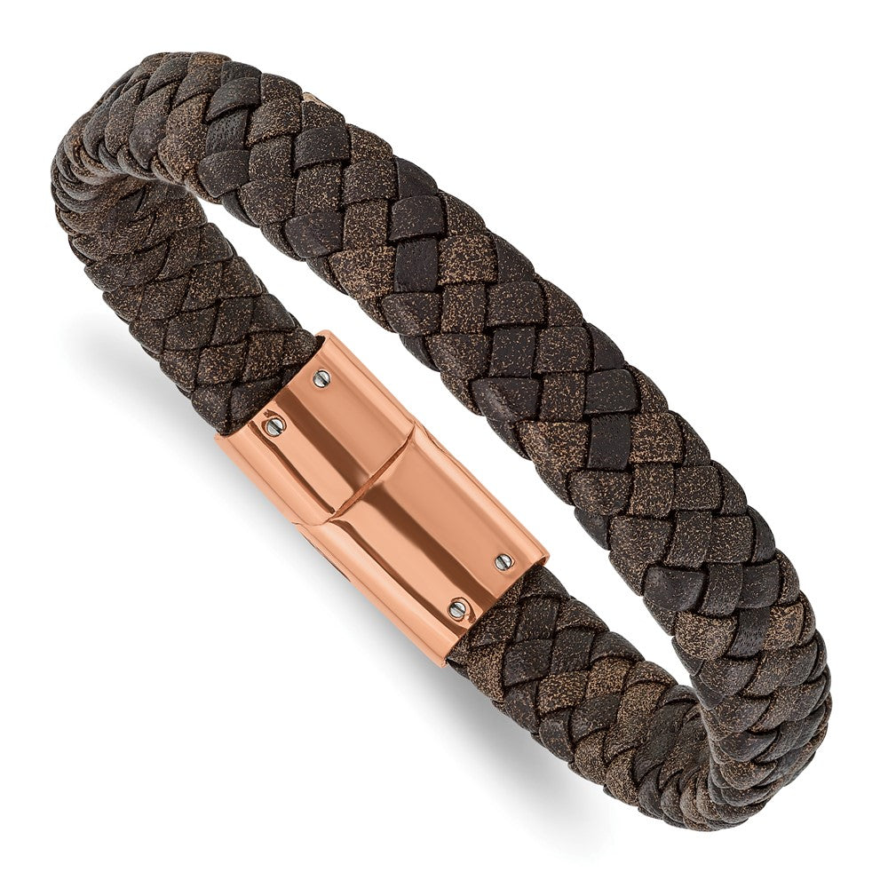Stainless Steel Polished Rose IP Braided Brown Leather 8.5in Bracelet 8.5 inches