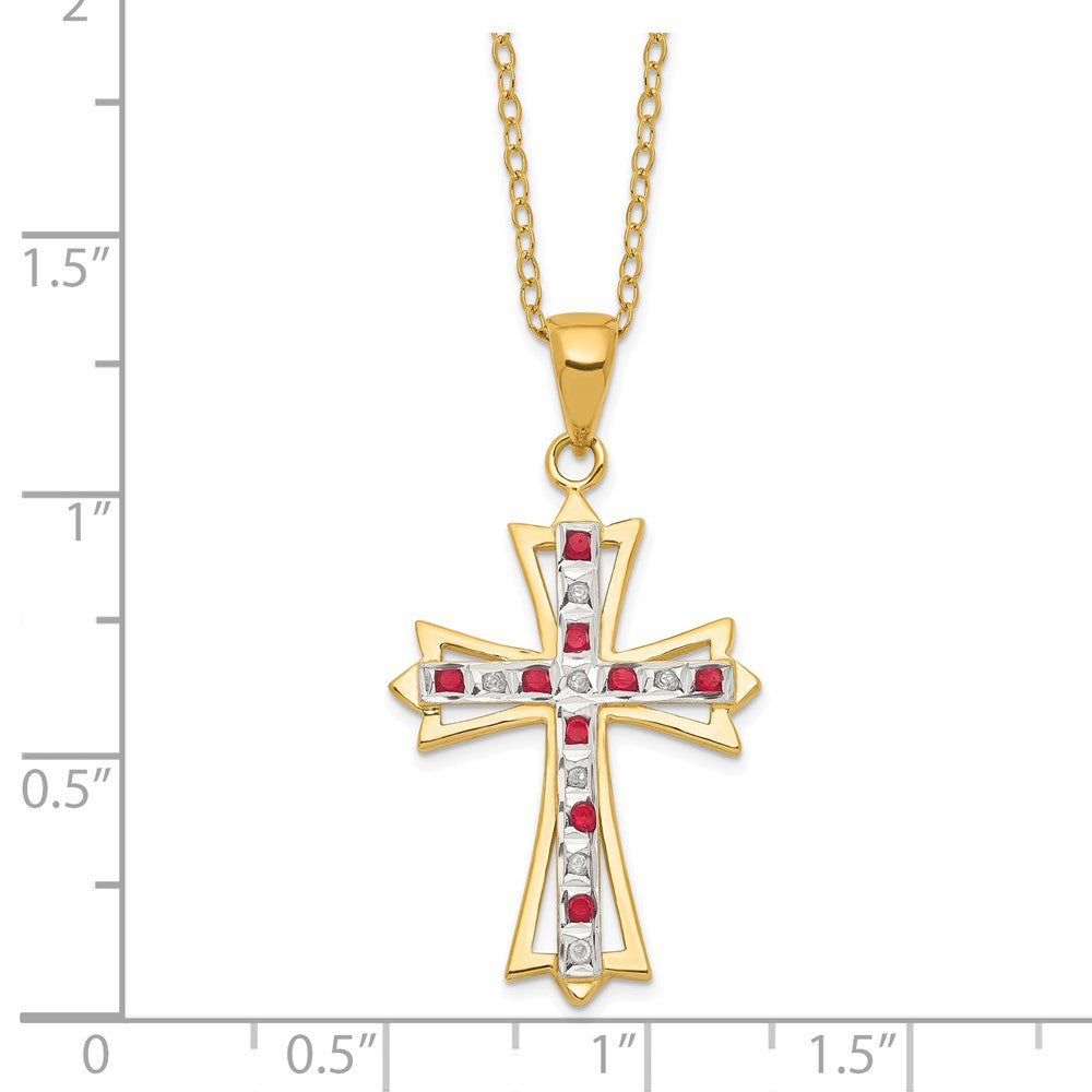 Diamond Fascination Diamond Mystique Sterling Silver 18K Gold-plated Diamond and Ruby Cross 18 Inch Necklace 18 Inches