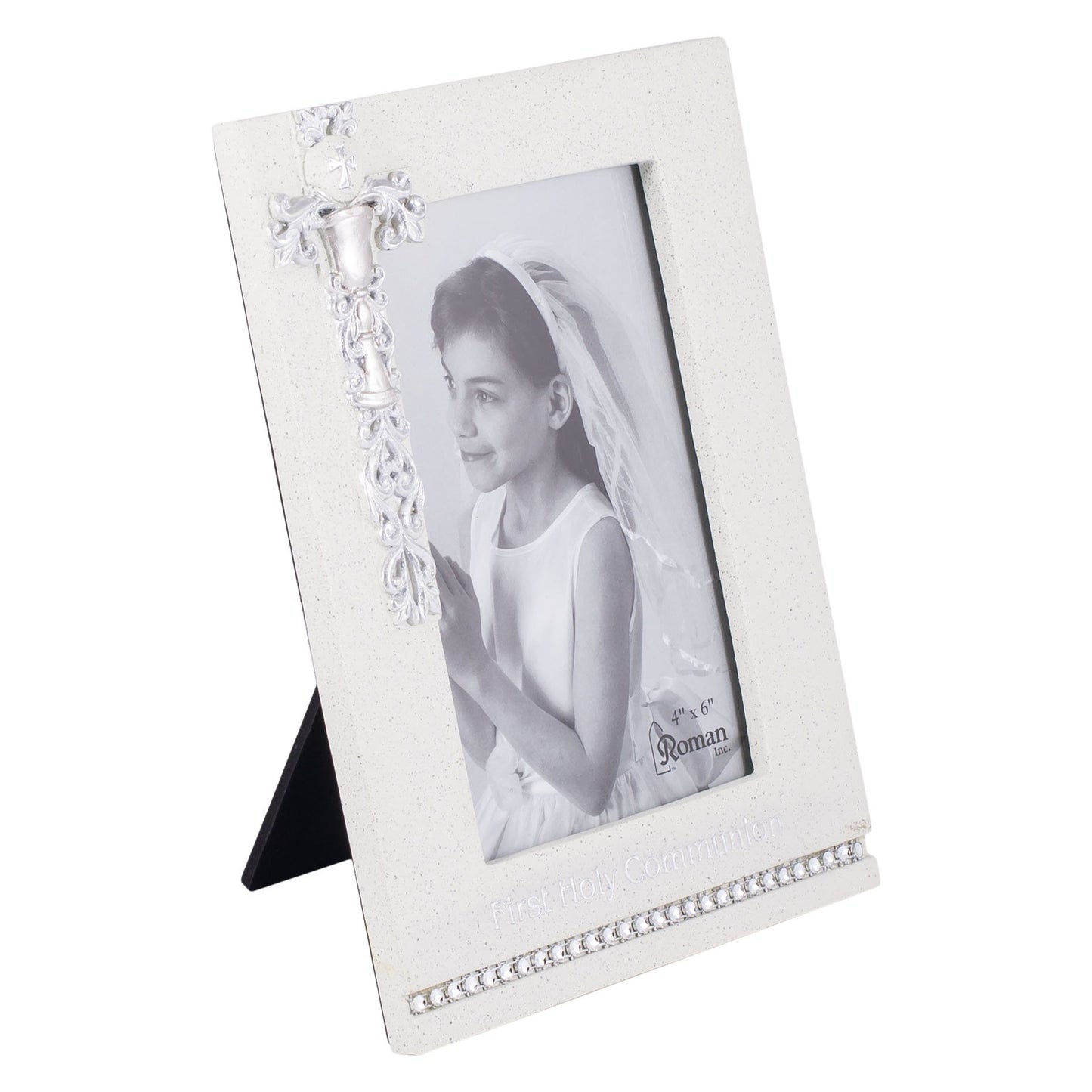8" First Holy Communion White Frame with Silver Scroll Chalice Design - Holds 4x6 Photo