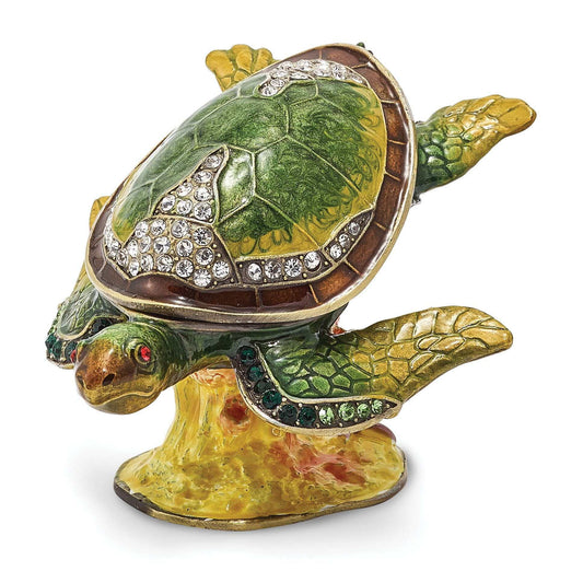 Luxury Giftware Pewter Bejeweled Crystals Gold-tone Enameled ROXY Reef Dweller Sea Turtle Trinket Box with Matching 18 Inch Necklace QBJ2086