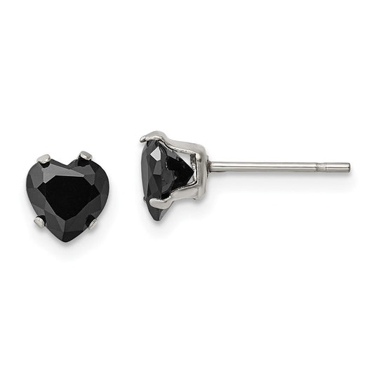 Stainless Steel Polished 6mm Black Heart CZ Stud Post Earrings